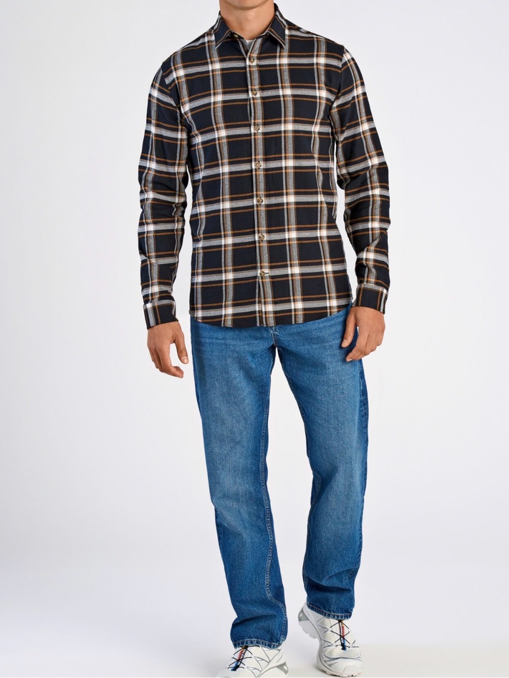Ben Sherman Flannel Black White Burnt Orange Plaid Cotton Button-Down Shirt XL
